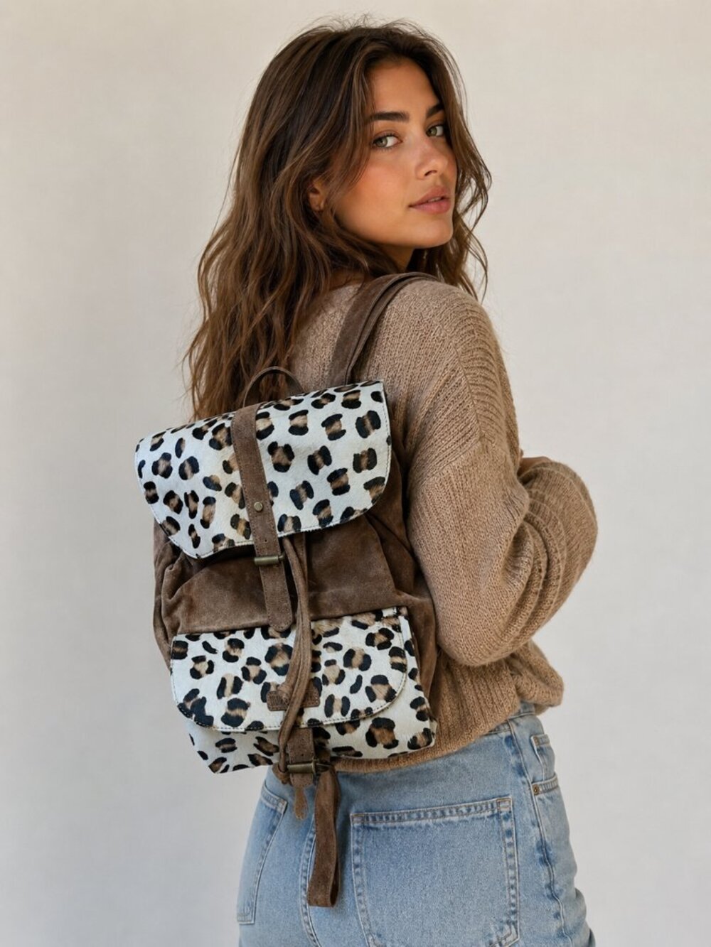 Jane Marie Leopard Print Cowhide Backpack with Brown Suede Accents
